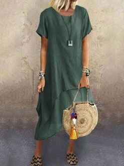 Women's Casual Dress Cotton Linen Dress A Line Dress Midi Dress Cotton Blend Basic Modern Outdoor Daily Crew Neck Ruffle Layered Short Sleeve Summer Spring 2023 Loose Fit Blue Green Gray Plain S M L -HANA Luxury Wear Shop lqzkyq1683603768040
