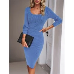 Women's Sweater Dress Winter Dress Jumper Dress Midi Dress Split Daily Date Going Out Active Fashion Crew Neck Long Sleeve 2023 Slim Black Blue Green Color S M L XL Size -HANA Luxury Wear Shop lqzlhk1692353018273