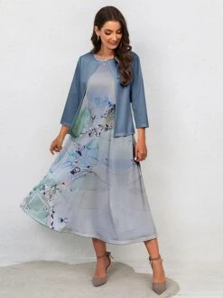 Women's Two Piece Dress Set Casual Dress Swing Dress Outdoor Office Fashion Streetwear Print Midi Dress Crew Neck 3/4 Length Sleeve Floral Ombre Regular Fit Pink Blue Purple Fall Winter S M L XL XXL -HANA Luxury Wear Shop lqzqoo1697681157395