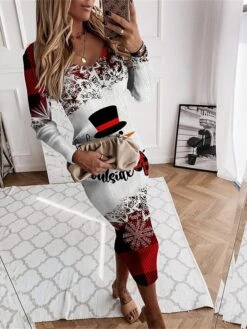 Women's Christmas Dress Sweater Dress Jumper Dress Midi Dress Warm Plaid Snowman Snowflake Outdoor Christmas Daily Holiday V Neck Long Sleeve 2023 Regular Fit Wine Blue S M L XL XXL 3XL