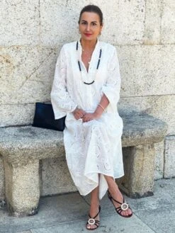 Women's Shirt Dress Casual Dress Swing Dress Maxi Long Dress Outdoor Daily Vacation Cotton Fashion Modern Split Neck Lace Button 3/4 Length Sleeve Summer Spring Fall 2023 Loose Fit White Yellow Red -HANA Luxury Wear Shop lssqgy1693360221498
