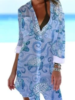 Women's Shirt Dress Cover Up Beach Wear Mini Dress Pocket Print Fashion Casual Fish Turndown 3/4 Length Sleeve Loose Fit Outdoor Daily White Blue 2023 Summer Spring S M L XL -HANA Luxury Wear Shop lssrag1676972500731