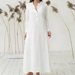 Women's Cotton Dress Pajamas Nightgown Nighty Pure Color Retro Comfort Home Daily Stand Collar Long Sleeve Button Summer Fall Spring White Blue -HANA Luxury Wear Shop ltgyot1665286279803