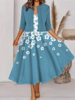 Women's Two Piece Dress Set Casual Dress Tank Dress Outdoor Daily Fashion Streetwear Pocket Print Midi Dress V Neck 3/4 Length Sleeve Floral Ombre Regular Fit Blue Brown Green Spring Fall S M L XL XXL