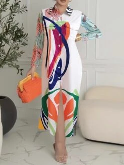 Women's Shirt Dress Casual Dress Maxi Long Dress Outdoor Daily Date Polyester Fashion Hot Shirt Collar Button Pocket Long Sleeve Summer Spring Fall 2023 Regular Fit Black White Yellow Geometric Color -HANA Luxury Wear Shop ltoonh1689054935050