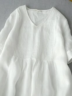 Women's Casual Dress Cotton Linen Dress White Dress Midi Dress Cotton Blend Basic Casual Outdoor Vacation V Neck Ruched Half Sleeve Summer Spring Fall 2023 Loose Fit White Green Apricot Pure Color M -HANA Luxury Wear Shop luwrqx1682564017434