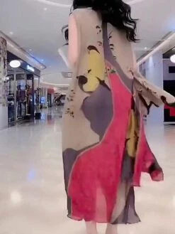 Women's Two Piece Dress Set Casual Dress Swing Dress Daily Holiday Fashion Casual Print Long Dress Maxi Dress Crew Neck 3/4 Length Sleeve Leaf Floral Loose Fit Yellow Red Dark Green Summer Spring M L -HANA Luxury Wear Shop lvqiwi1691463800509