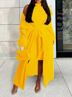 Women's Two Piece Dress Set Casual Dress Sheath Dress Daily Going Out Fashion Streetwear Lace Up Midi Dress Stand Collar Long Sleeve Plain Slim Black Yellow Wine Fall Winter S M L XL XXL -HANA Luxury Wear Shop lvuoje1693295530712