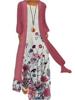 Women's Two Piece Dress Set Casual Dress Shift Dress Daily Going Out Casual Pocket Print Maxi Dress Crew Neck 3/4 Length Sleeve Floral Loose Fit Light Green Pink Blue Summer Spring M L XL XXL XXXL