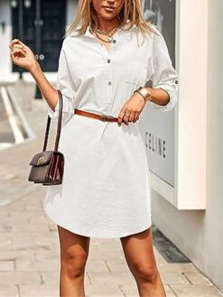 Women's Shirt Dress Casual Dress Mini Dress Outdoor Daily Cotton Linen Basic Classic Shirt Collar Button Pocket Long Sleeve Summer Spring Fall 2023 Loose Fit Black White Pink Pure Color S M L XL 2XL -HANA Luxury Wear Shop lvzufj1691465489281
