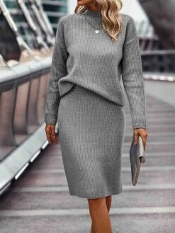 Women's Two Piece Dress Set Casual Dress Skirt Set Outdoor Daily Fashion Streetwear Ribbed Midi Dress Stand Collar Long Sleeve Plain Loose Fit Khaki Gray Fall Winter S M L XL XXL -HANA Luxury Wear Shop lwamof1693534950998