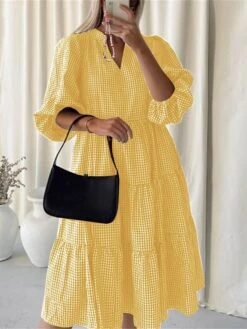 Women's Casual Dress Cotton Dress Midi Dress Cotton Basic Classic Outdoor Daily Vacation V Neck Print Long Sleeve Spring Fall Winter 2023 Loose Fit Black Yellow Red Plaid S M L XL 2XL -HANA Luxury Wear Shop lwapcj1692695629147