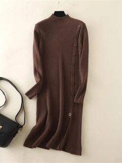 Women's Sweater Dress Jumper Dress Winter Dress Mini Dress Warm Plain Outdoor Daily Vacation Going Out Turtleneck Long Sleeve Button 2023 Slim Black Brown Khaki One Size -HANA Luxury Wear Shop lwfqbk1697767797527