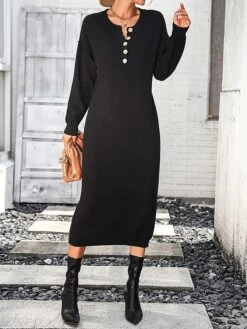 Women's Sweater Dress Jumper Dress Casual Dress Midi Dress Active Plain Outdoor Casual Holiday Vacation Crew Neck Long Sleeve Button 2023 Loose Fit Black White Purple S M L XL -HANA Luxury Wear Shop lwgmtb1697595518287