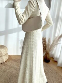 Women's Sweater Dress Jumper Dress Casual Dress Long Dress Maxi Dress Active Pure Color Outdoor Casual Holiday Vacation Turtleneck Long Sleeve 2023 Regular Fit Black Beige M -HANA Luxury Wear Shop lwjdjw1692616013750