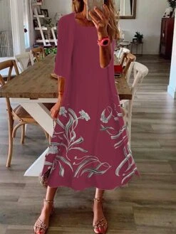 Women's Two Piece Dress Set Casual Dress Print Dress Outdoor Daily Fashion Elegant Print Midi Dress Crew Neck 3/4 Length Sleeve Floral Regular Fit Wine Blue Purple Summer Spring S M L XL XXL -HANA Luxury Wear Shop lxemuz1688022673390