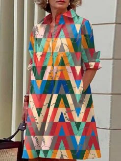 Women's Shirt Dress Casual Dress Midi Dress Outdoor Office Daily Polyester Fashion Modern Shirt Collar Button Pocket Long Sleeve Fall Winter 2023 Loose Fit Yellow Blue Purple Leopard Geometric Color -HANA Luxury Wear Shop lzirua1693386626766