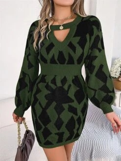Women's Sweater Dress Jumper Dress Casual Dress Mini Dress Fashion Geometric Color Block Outdoor Daily Going Out Crew Neck Long Sleeve Cut Out 2023 Loose Fit Green Khaki Rose Red S M L -HANA Luxury Wear Shop lzrjju1695813752893