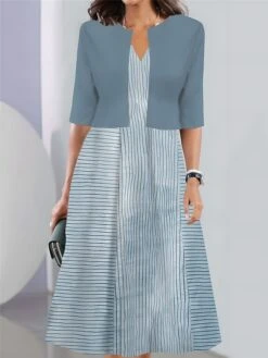 Women's Two Piece Dress Set Casual Dress Tank Dress Outdoor Daily Fashion Streetwear Pocket Print Midi Dress V Neck 3/4 Length Sleeve Stripe Regular Fit Pink Blue Sky Blue Summer Spring S M L XL XXL -HANA Luxury Wear Shop lzsdxp1690441715648