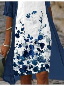 Women‘s Dress Set Two Piece Dress A Line Dress Midi Dress Blue Half Sleeve Floral Print Summer Spring V Neck Casual 2023 S M L XL XXL 3XL -HANA Luxury Wear Shop lzsoky1664528627723
