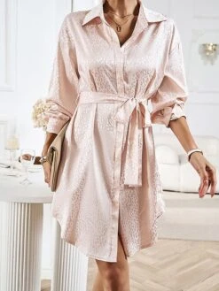 Women's Shirt Dress Midi Dress Outdoor Date Vacation Satin Fashion Elegant Shirt Collar Lace Up Button Long Sleeve Spring Fall Winter 2023 Loose Fit Black Wine Brown Pure Color S M L XL -HANA Luxury Wear Shop mbewlt1692856934787