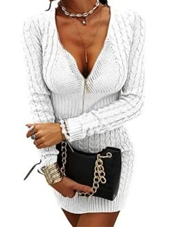 Women's Sweater Dress Jumper Dress Sheath Dress Mini Dress Warm Pure Color Outdoor Casual Holiday Going Out V Neck Long Sleeve Zipper 2023 Slim Black White Pink S M L XL XXL 3XL -HANA Luxury Wear Shop mbfntd1694166172247