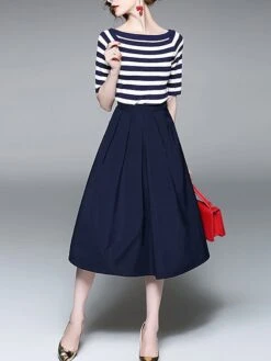Women's Two Piece Dress Set Casual Dress Skirt Set Daily Going Out Fashion Streetwear Ribbed Print Midi Dress Crew Neck Short Sleeve Stripe Slim Blue Fall S M L XL XXL -HANA Luxury Wear Shop mbgrtd1693278119265