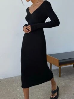 Women's Sweater Dress Jumper Dress Casual Dress Midi Dress Fashion Pure Color Outdoor Vacation Going Out V Neck Long Sleeve 2023 Regular Fit Black Pink Blue S M L -HANA Luxury Wear Shop mcgyls1697538593770
