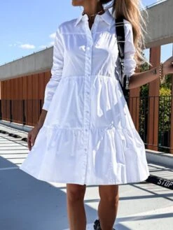 Women's Shirt Dress Casual Dress Swing Dress Midi Dress Outdoor Daily Vacation Cotton Basic Modern Shirt Collar Ruffle Button Long Sleeve Fall Winter 2023 Regular Fit ArmyGreen Black White Pure Color -HANA Luxury Wear Shop mchsld1695813924390