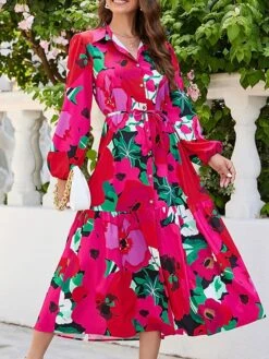 Women's Shirt Dress Casual Dress Midi Dress Outdoor Daily Vacation Polyester Fashion Modern Shirt Collar Button Split Long Sleeve Summer Spring Fall 2023 Loose Fit Red Floral S M L XL 2XL -HANA Luxury Wear Shop mdghpm1689823541328