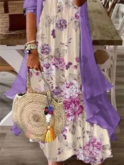 Women's Two Piece Dress Set Print Dress Daily Vacation Casual Print Maxi Dress V Neck 3/4 Length Sleeve Floral Loose Fit White Purple Green Summer Spring S M L XL XXL -HANA Luxury Wear Shop mdiqmp1677121637503