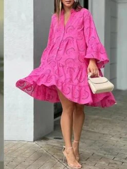 Women's Shirt Dress Casual Dress Mini Dress Outdoor Daily Date Cotton Basic Classic V Neck Button Long Sleeve Spring Fall Winter 2023 Loose Fit Yellow Pink Red Pure Color S M L XL 2XL