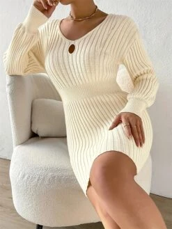 Women's Sweater Dress Jumper Dress Casual Dress Mini Dress Warm Pure Color Outdoor Casual Daily Holiday V Neck Long Sleeve Cut Out 2023 Regular Fit Beige XL XXL 3XL -HANA Luxury Wear Shop mdqlwm1695643726954