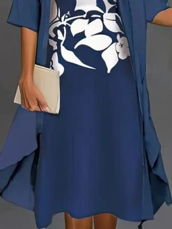 Women's Two Piece Dress Set Casual Dress Chiffon Dress Outdoor Daily Fashion Streetwear Print Midi Dress Crew Neck Half Sleeve Floral Regular Fit Dark Blue Fall Winter S M L XL XXL -HANA Luxury Wear Shop mdwfib1695364089713