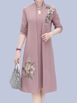 Women's Two Piece Dress Set Print Dress Outdoor Vacation Casual Print Midi Dress Stand Collar Long Sleeve Floral Loose Fit Pink Wine Blue Fall Winter XL XXL XXXL 4XL 5XL -HANA Luxury Wear Shop meciwl1676524731516