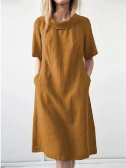 Women's Casual Dress Cotton Linen Dress Shift Dress Midi Dress Linen Cotton Blend Basic Classic Outdoor Daily Vacation Crew Neck Side Pockets Baggy Short Sleeve Summer Spring 2023 Loose Fit Yellow -HANA Luxury Wear Shop mehdnr1689651570276
