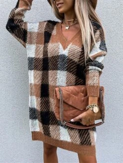 Women's Sweater Dress Winter Dress Jumper Dress Mini Dress Fashion Plaid Daily Date Going Out Weekend V Neck Long Sleeve Patchwork 2023 Regular Fit Khaki S M L XL -HANA Luxury Wear Shop mekjhj1694591720934