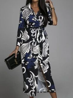 Women's Shirt Dress Work Dress Formal Dress Maxi Long Dress Daily Sports Date Polyester Fashion Elegant V Neck Tie Belt Print Long Sleeve Summer Spring Fall 2023 Regular Fit Blue Green Print Flower -HANA Luxury Wear Shop menkam1646821185959