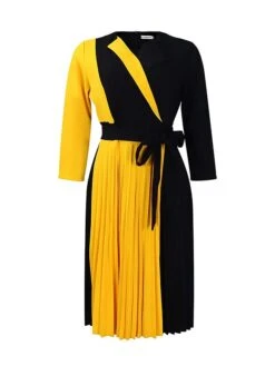 Women's Shirt Dress Casual Dress Midi Dress Outdoor Daily Date Polyester Fashion Casual Shirt Collar Lace Up Pleated 3/4 Length Sleeve Spring Fall Winter 2023 Regular Fit Yellow Red Blue Color Block -HANA Luxury Wear Shop meupqs1695027667442