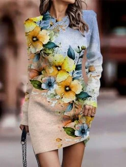 Women's Sweater Dress Winter Dress Jumper Dress Mini Dress Fashion Floral Outdoor Daily Date Going Out Crew Neck Long Sleeve Print 2023 Regular Fit Pink Blue Khaki S M L XL XXL 3XL -HANA Luxury Wear Shop mfeeup1694429060870
