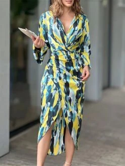 Women's Shirt Dress Casual Dress Bodycon Midi Dress Outdoor Daily Date Polyester Fashion Modern Shirt Collar Button Print Long Sleeve Summer Spring Fall 2023 Regular Fit Orange Green Color Block S M