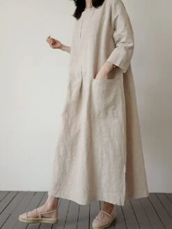 Women's Casual Dress Cotton Linen Dress Maxi Long Dress Linen / Cotton Blend Basic Classic Outdoor Daily Vacation Crew Neck Pocket Split 3/4 Length Sleeve Spring Fall Autumn 2023 Loose Fit Red Apricot -HANA Luxury Wear Shop mfyctp1692872471084