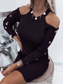 Women's Sweater Dress Jumper Dress Casual Dress Mini Dress Active Pure Color Outdoor Casual Holiday Vacation Crew Neck Long Sleeve Button 2023 Regular Fit Black Red Blue S M L XL XXL 3XL -HANA Luxury Wear Shop mgfkxi1693535020226