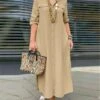 Women's Shirt Dress Casual Dress Maxi Long Dress Outdoor Daily Polyester Basic Classic Shirt Collar Button Pocket Long Sleeve Summer Spring Fall 2023 Loose Fit ArmyGreen Navy Blue Khaki Pure Color S -HANA Luxury Wear Shop mgoznv1689043121399