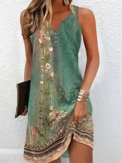 Women's Two Piece Dress Set Casual Dress Tank Dress Outdoor Daily Active Fashion Button Print Midi Dress V Neck Short Sleeve Floral Regular Fit Green Summer Spring S M L XL XXL -HANA Luxury Wear Shop mgysjx1686651986039
