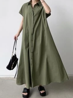 Women's Shirt Dress Casual Dress Maxi Long Dress Outdoor Daily Cotton Linen Basic Classic Shirt Collar Button Short Sleeve Summer Spring 2023 Loose Fit Navy Blue Brown Green Pure Color S M L XL XXL -HANA Luxury Wear Shop mhcaaj1688542112252