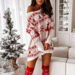 Women‘s Christmas Sweater Dress Winter Dress Casual Dress Red White Long Sleeve Elk Tree Snowflake Knit Print Winter Fall Crew Neck Fashion Casual Fit 2022 S M L XL -HANA Luxury Wear Shop mheazh1662546639160