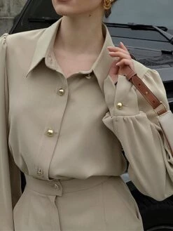 Women's Shirt Dress Work Dress Bodycon Mini Dress Outdoor Business Date Polyester Fashion Modern Shirt Collar Button Pocket Long Sleeve Fall Winter 2023 Regular Fit Khaki Pure Color S M L -HANA Luxury Wear Shop mhekdl1695644896354