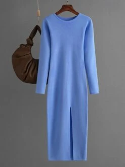 Women's Sweater Dress Jumper Dress Winter Dress Midi Dress Warm Plain Outdoor Daily Vacation Going Out Crew Neck Long Sleeve 2023 Slim Black Sky Blue Green One Size -HANA Luxury Wear Shop mhpusx1697767723095