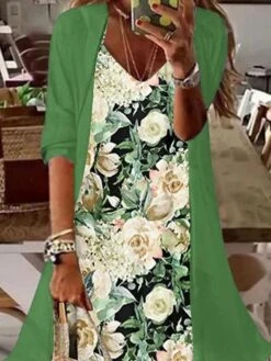 Women's Two Piece Dress Set Casual Dress Print Dress Outdoor Daily Fashion Streetwear Print Long Dress Maxi Dress V Neck Half Sleeve Floral Regular Fit Green Summer Spring S M L XL XXL -HANA Luxury Wear Shop mhssgk1684482024886